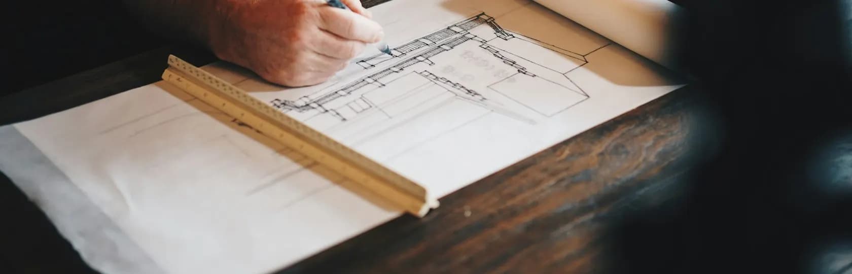 Eine Hand zeichnet mit einem Stift einen technischen Plan. Daneben liegen ein Lineal und eine Papierrolle.